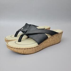Eddie Bauer Womens Full Grain Leather Sandals Cork Wedge Black Thong Comfort 8.5